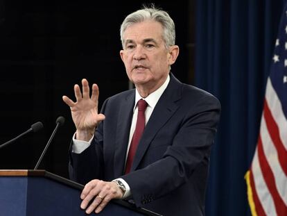 Jerome Powell, presidente de la Reserva Federal, en la rueda de prensa  