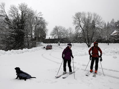 Dos esquiadores y un perro disfrutan de la nieve en el parking de Roncesvalles (Navarra), el pasado diciembre.