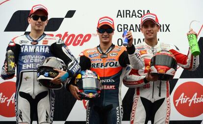 Lorenzo, Pedrosa y Bautista celebran el histórico podio español en Motegi. 