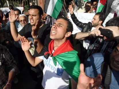 Manifestantes palestinos residentes en Egipto se manifiestan frente a la sede de la Liga &Aacute;rabe en El Cairo.