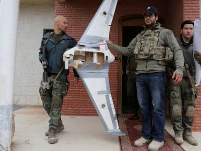 Spanish special forces personnel with an explosives-packed ISIS drone.