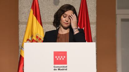 La presidenta de la Comunidad de Madrid, Isabel Díaz Ayuso, durante su comparecencia del viernes.