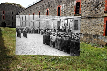 Montaje del antes y el depués del Fuerte de San Cristóbal, cuando funcionó como cárcel, el año 1938 aproximadamente. Foto de la exposición 'Ezkaba,1938-2018' (Instituto Navarro de la Memoria).