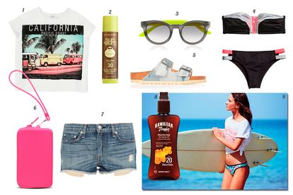 1. Bershka Crop top de algodón con imagen. 2. Sun Bum Lip balm SPF 30 'Key Lime'. 3. Gucci Gafas de sol. 4. H&M Bikini tricolor con cremallera. 5. Birkenstock Sandalias modelo 'Arizona'. 6. Havaianas Clutch de plástico. 7. Rag & Bone Shorts vaqueros. 8. Hawaiian Tropic Aceite SPF 20. 9. Oysho.