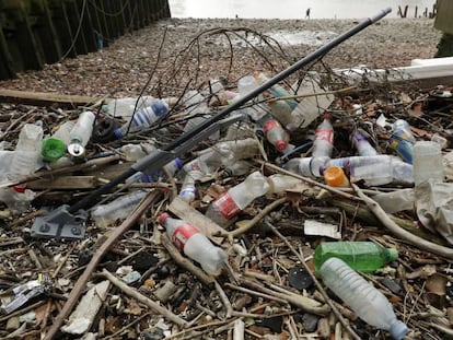 Resíduos de plástico encontrados no rio Tâmisa, em Londres.