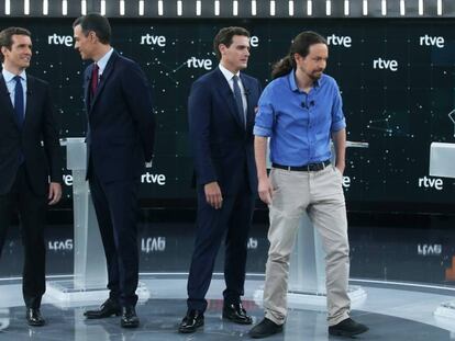Casado, Sánchez, Rivera e Iglesias, en el estudio donde se celebró el debate de RTVE en abril de 2019.