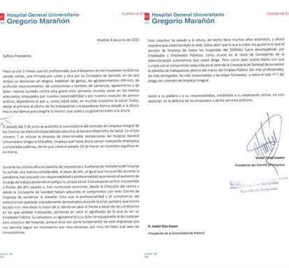 Carta del Comité de Empresa del servicio de limpieza del Gregorio Marañón para Isabel Díaz Ayuso.