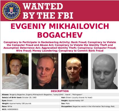 Detalle del cartel de búsqueda de Bogachev, distribuido por el FBI, con varias fotos del hacker.