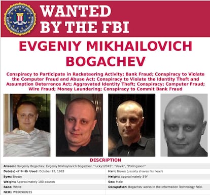 Detalle del cartel de búsqueda de Bogachev, distribuido por el FBI, con varias fotos del hacker.