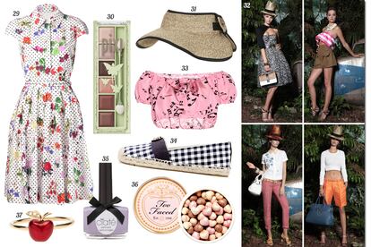 29. Oscar de la Renta Vestido de vuelo con print de lunares y flores. 30. Pixi Paleta de sombras de ojos. 31. Topshop Visera de rafia. 32. Dsquared2. 33. Miu Miu Crop top con print de notas musicales. 34.Tory Burch Alpargata con print de cuadros vichy. 35. Ciaté Laca de uñas. 36. Too Faced Polvos en forma de corazón. 37. Alison Lou Anillo con manzana.