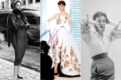 Hubert de Givenchy tenía obsesión por Balenciaga, como muestran algunas de sus siluetas (izq.), pero lanzaría creaciones que han pasado a la posteridad, como la 'blusa Bettina' de volantes en honor a Bettina Graziani, o el vestido que lució su musa Audrey Hepburn en la película Sabrina (1954)