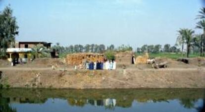 Habitantes del pueblo nubio, a orillas del rio Nilo, se reúnen junto a los cobertizos del ganado. EFE/Archivo
