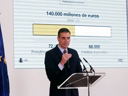 El presidente del Gobierno, Pedro Sánchez, durante su intervención en el palacio de Congresos Baluarte, donde ha presentado 