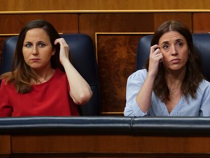 Las ministras Ione Belarra e Irene Montero, este miércoles en el Congreso.