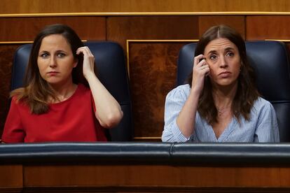 Las ministras Ione Belarra e Irene Montero, este miércoles en el Congreso.