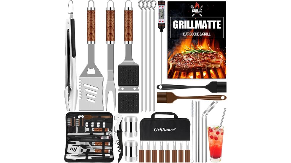 Kit de barbacoa con 30 utensilios resistentes.