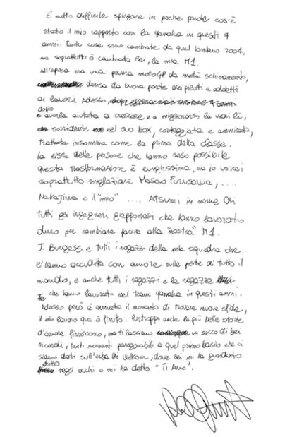 Nota de despedida escrita en italiano por Valentino Rossi.