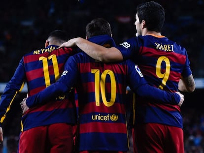 Neymar, Messi i Luis Suárez diumenge al Camp Nou.