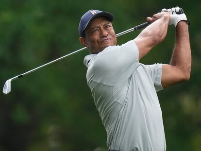 Tiger Woods hits from the fourth tee during a practice for the Masters golf tournament at Augusta National Golf Club, Tuesday, April 4, 2023, in Augusta, Ga. (AP Photo/Jae C. Hong)