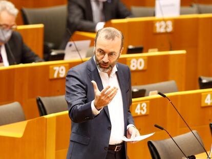El líder de los populares europeos, Manfred Weber, durante una intervención en el Parlamento Europeo, el pasado mayo.