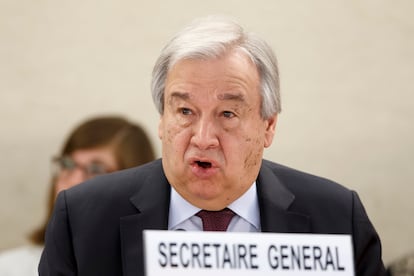 U.N. Secretary-General Antonio Guterres addresses his statement, during the opening of the High-Level Segment of the 43rd session of the Human Rights Council, at the European headquarters of the United Nations in Geneva, Switzerland, on Feb. 24, 2020.