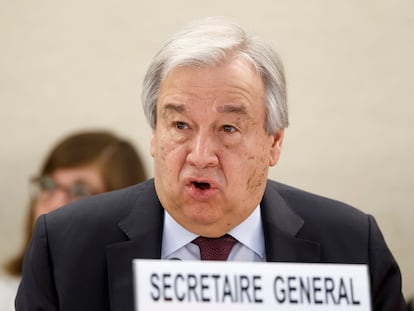 U.N. Secretary-General Antonio Guterres addresses his statement, during the opening of the High-Level Segment of the 43rd session of the Human Rights Council, at the European headquarters of the United Nations in Geneva, Switzerland, on Feb. 24, 2020.