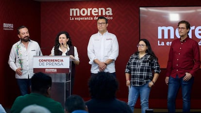 Luisa María Alcalde en conferencia de prensa sobre los resultados electorales.