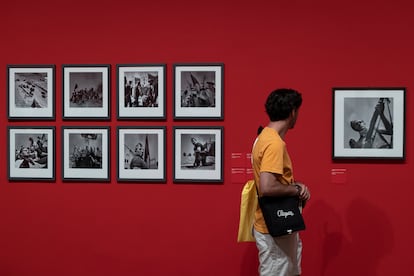 A visitor looks at a photograph on display at the exhibition in Montpellier.