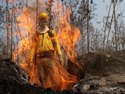 Un bombero se ve a través de las llamas de uno de los incendios en la selva amazónica del pasado agosto, cerca de Porto Velho (Brasil).