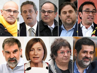 Raül Romeva, Joaquim Forn, Jordi Turull, Oriol Junqueras, Josep Rull, Jordi Cuixart, Carme Forcadell, Dolors Bassa i Jordi Sànchez.