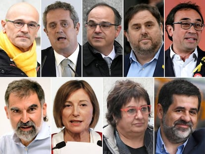 Catalan independence leaders Raül Romeva, Joaquim Forn, Jordi Turull, Oriol Junqueras, Josep Rull, Jordi Cuixart, Carme Forcadell, Dolors Bassa and Jordi Sànchez..