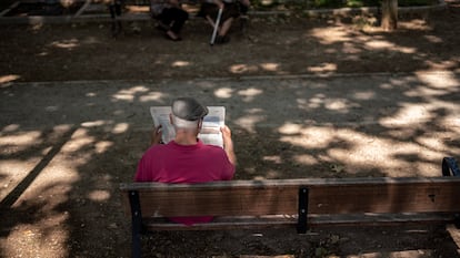 Una persona mayor lee un periódico en un parque de Madrid.