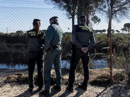 Agentes de la Guardia Civil inspeccionan una balsa ilegal en Lucena del Puerto (Huelva) este martes.