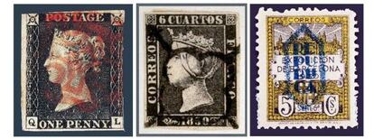 Tres de los sellos que se pueden ver en la nueva web que ha creado el Ayuntamiento de Barcelona con el Gabinete Postal de la ciudad: El "Black Penny", o primer sello de la historia, de 1840; el '6 cuartos' emitido en España en 1850 y el usado en 1930 para financiar la Exposición Internacional de Barcelona.