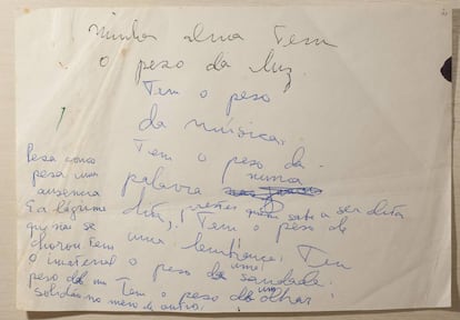 Última nota manuscrita de Clarice Lispector, que é parte do legado doado por sua família ao Instituto Moreira Salles. Foi escrito em 7 de dezembro de 1977 na cama de um hospital do Rio de Janeiro onde estava internada por um câncer de ovário. Morreu dois dias depois, a véspera de cumprir 57 anos.