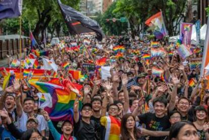 Celebración en Taiwán de la aprobación del matrimonio gay, el pasado mayo.