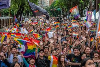 Celebración en Taiwán de la aprobación del matrimonio gay, el pasado mayo.