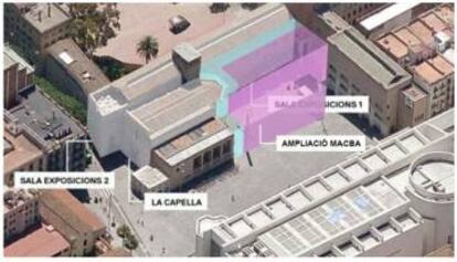 Gráfico en el que se destaca el nuevo edificio que se construirá junto al Convent y la Capella Dels Àngels