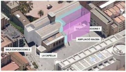 Gràfic en el qual es destaca el nou edifici que es construirà al costat del convent i la capella dels Àngels.