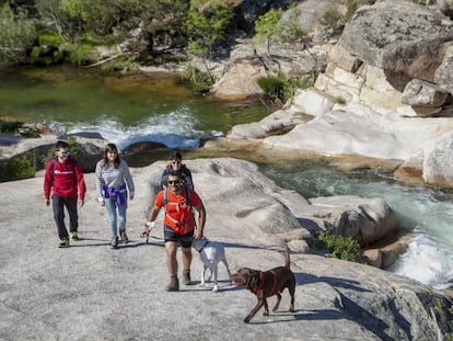 Senderistas en La Pedriza, camino de El Tranco a Canto Cochino junto al río Manzanares.