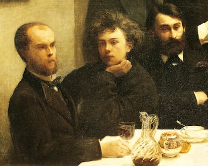 Desde la izquierda, los poetas Verlaine y Rimbaud y el botánico Bonnier, en un cuadro de Henri Fantin-Latour de 1872.