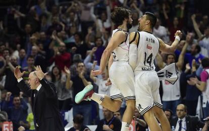 Sergio Llull y Gustavo Ayon celebran una canasta.