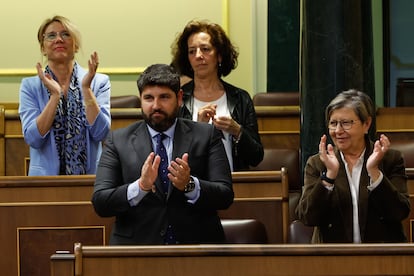El presidente de Murcia, Fernando López Miras tras defender en el Congreso la toma en consideración de la proposición de ley sobre el trasvase Tajo-Segura, este martes.