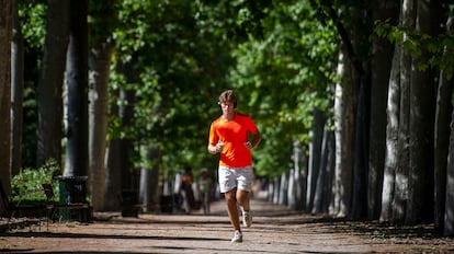 Un hombre corre en el parque del Retiro de Madrid.