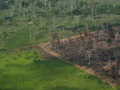 Foto aérea de um pedaço da floresta Amazônica desmatada no estado de Rondônia, em 28 de setembro.
