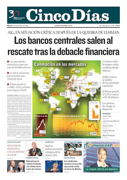 2008: quiebra de Lehman Brothers. Las autoridades estadounidenses dejaron caer a Lehman Brothers en septiembre de 2008 y desataron una crisis financiera latente que había arrancado con la intervención de bancos en Europa y la quiebra de los mercados interbancarios y cierre de fondos de inversión en EE UU, por el exceso de liquidez y el dinero sin coste.