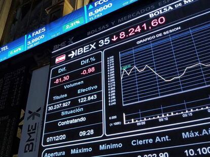 Vista del principal indicador del parqué madrileño, el Ibex 35, en la Bolsa