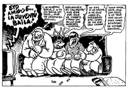 "Es un momento seminal. Makoki solo no nos daba para los guiones. Le pasaba como a Tintín, que no era nadie sin Tornasol, el capitán Haddock... Así que lo reunimos con esa panda de tarados". La basca de Makoki está formada por El Emo, El Cuco, Morgan y, más adelante, El Niñato. "Esta escena corresponde a muchas de nuestra vida", dice Gallardo, para referirse al piso que compartía con el guionista de las historietas, Juanito Mediavilla. "Las tardes de los sábados venían muchos tipos a nuestra casa y nos poníamos a ver en la tele 'La juventud baila' [inolvidable programa en el que salían chavales de toda España meneándose a lo Travolta]". "Así pasábamos la tarde, viendo eso, fumando canutos y diciendo animaladas".