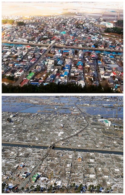 Fotografía de Sendai, en la que se ve el antes y después del terremoto y tsunami del 11 de marzo.