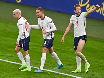 Harry Kane celebra el segundo gol de su equipo, en la prórroga.